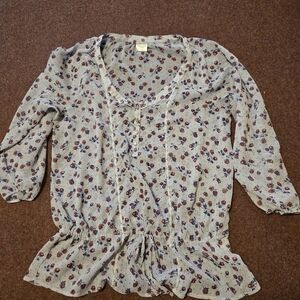 Inked & Faded Rose Blouse Sheer Blue And Red Pearl Buttons Size LARGE